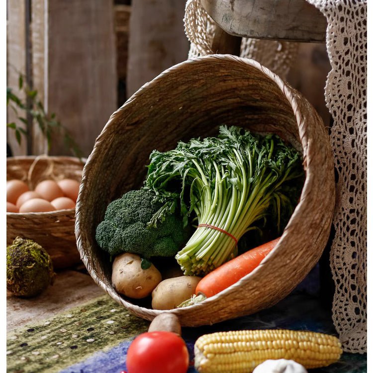 Seagrass bowl basket RusticReach natural woven with 2 vegetables broccoli and potatoes on Tampa Home & Garden Store