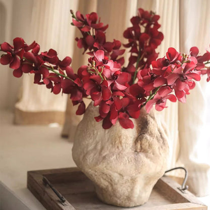 Single Red Orchid Stem 24in Tall by RusticReach in a textured stone vase on a wooden tray on Tampa Home & Garden Store
