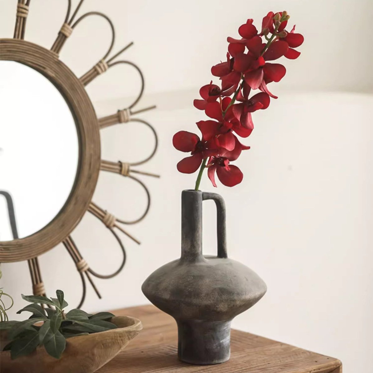 Single Red Orchid Stem 24in tall by RusticReach in a gray metal vase on a wooden table on Tampa Home & Garden Store