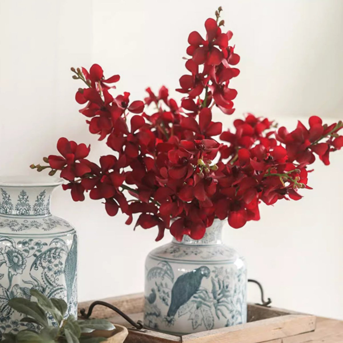 Single Red Orchid Stem, 24-in tall in blue-and-white bird-pattern vase by RusticReach on Tampa Home & Garden Store