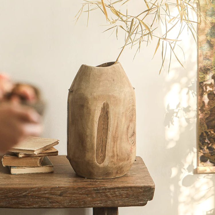 Homestead Solid Wood Décor Vase by RusticReach, natural wood finish on rustic table on Tampa Home & Garden Store