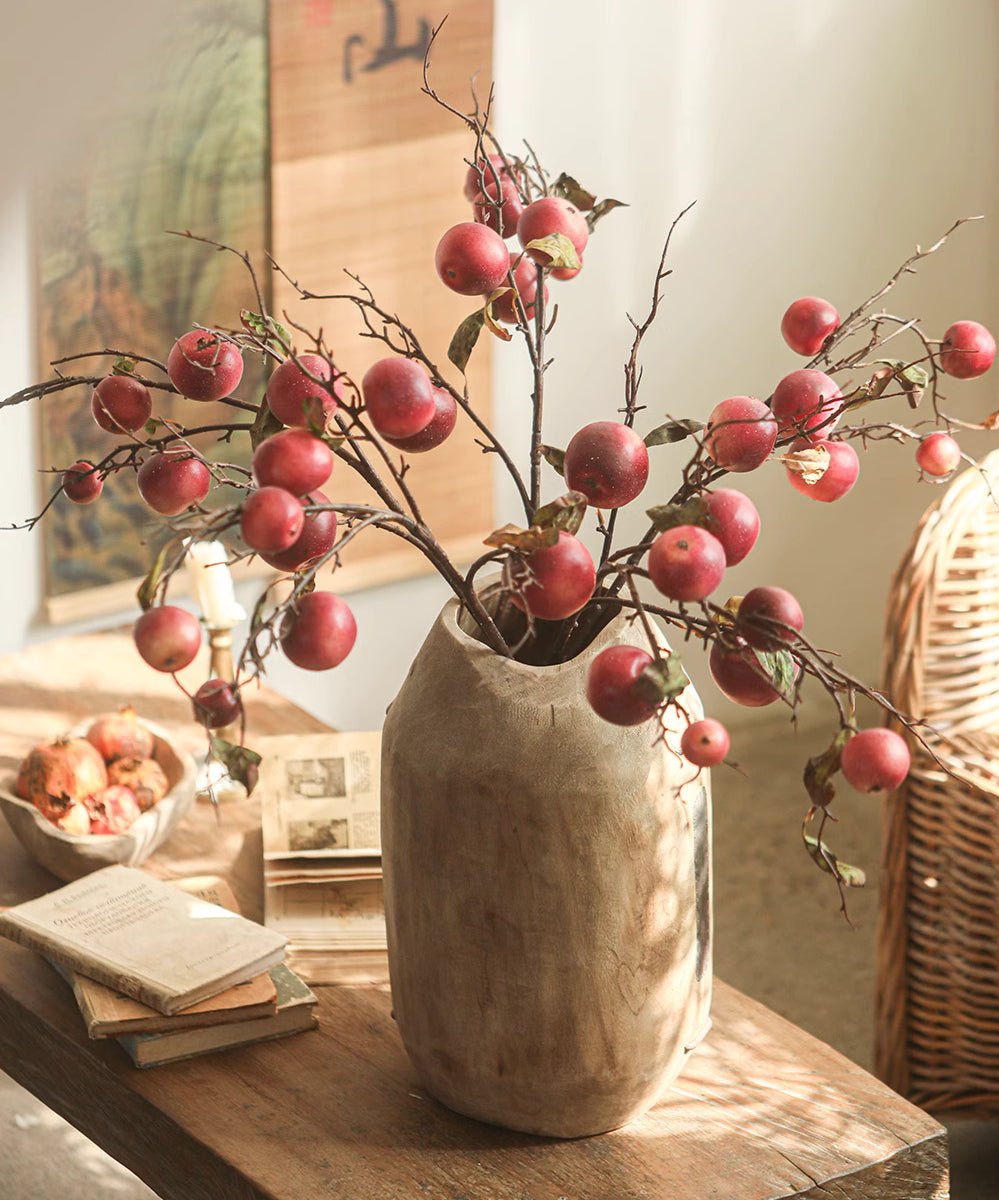 Homestead Solid Wood Décor Vase in weathered gray finish with red berry stems RusticReach vase on Tampa Home & Garden Store