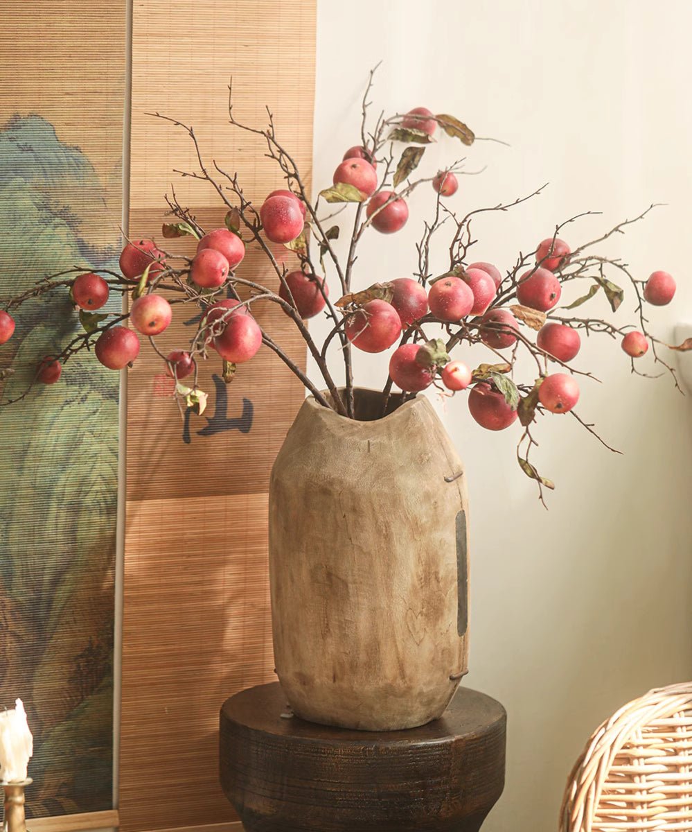 Homestead Solid Wood Decor Vase in natural rustic finish filled with red apple-like branches on Tampa Home & Garden Store