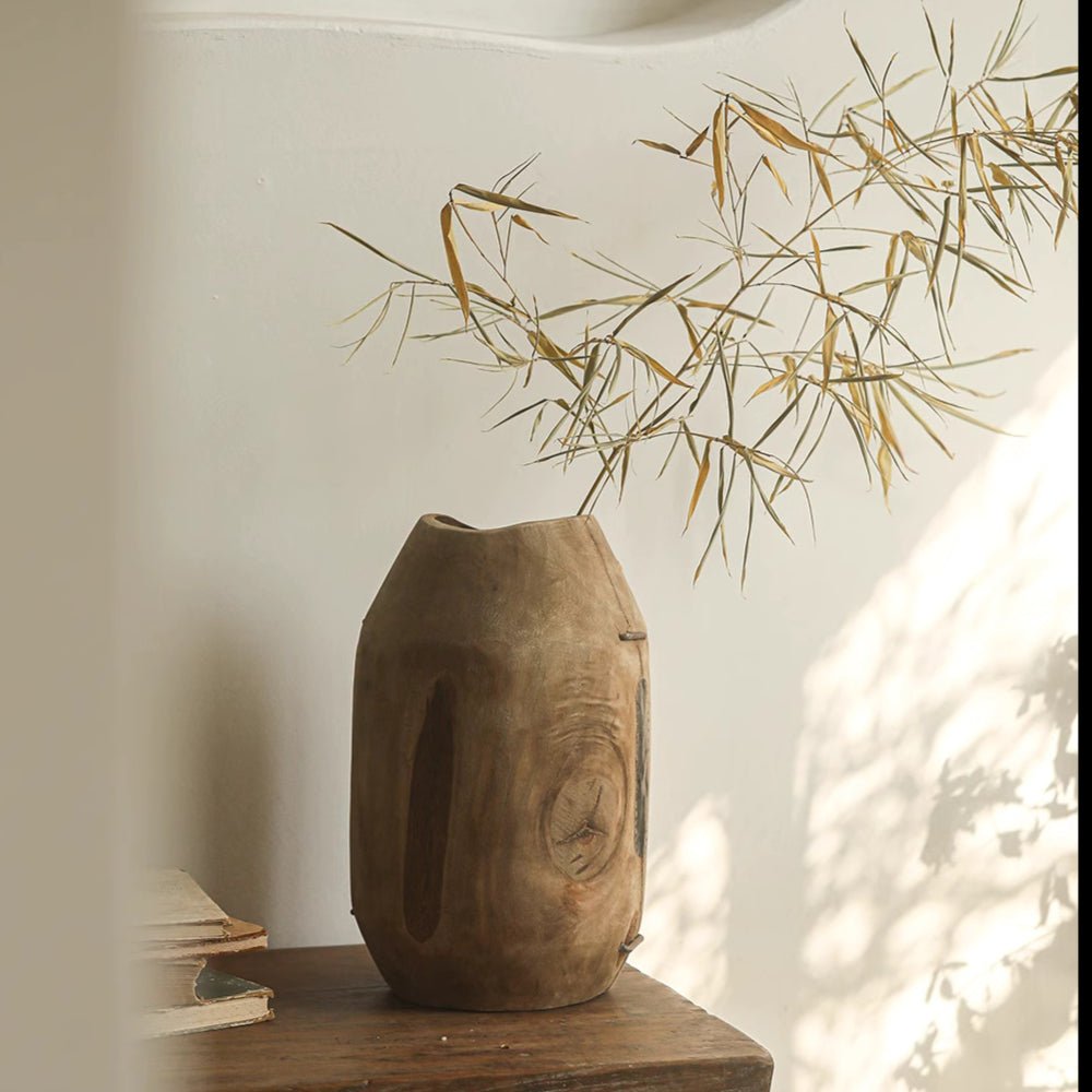 Homestead Solid Wood Décor Vase by RusticReach, natural wood tone with carved hollow panels on Tampa Home & Garden Store