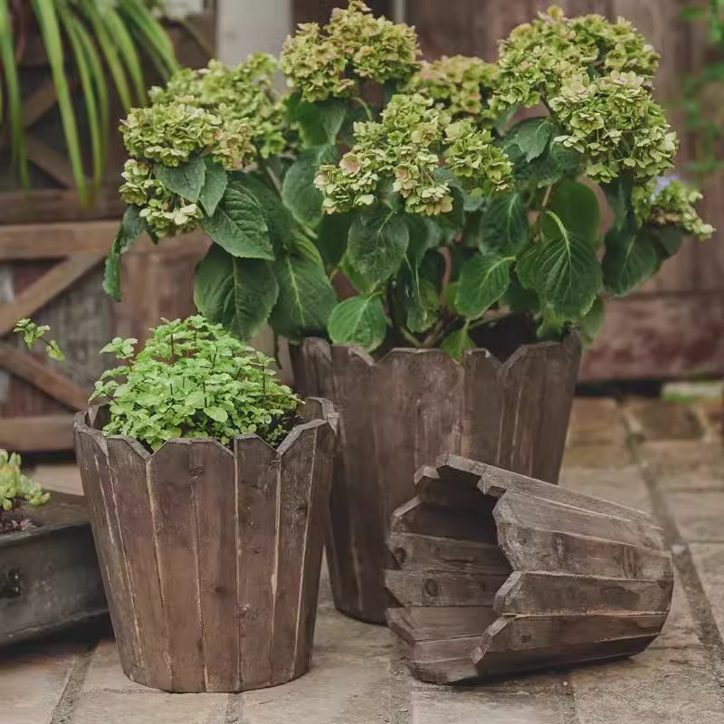 Spliced solid wood round planter by RusticReach weathered brown planters two large and one small on Tampa Home & Garden Store