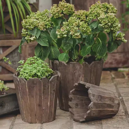 Spliced solid wood round planter by RusticReach weathered brown planters two large and one small on Tampa Home & Garden Store