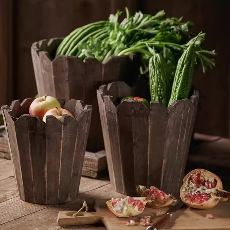 RusticReach spliced solid wood planter rounds in dark stain, three with scalloped rims on Tampa Home & Garden Store