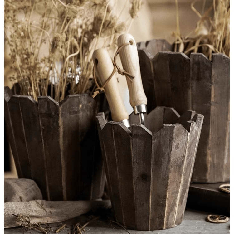Spliced solid wood planter round with dark stain and vertical slatted sides (set of two) on Tampa Home & Garden Store