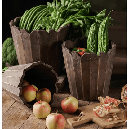 Spliced Solid Wood Planter Round RusticReach dark brown wooden planters three with greens on Tampa Home & Garden Store