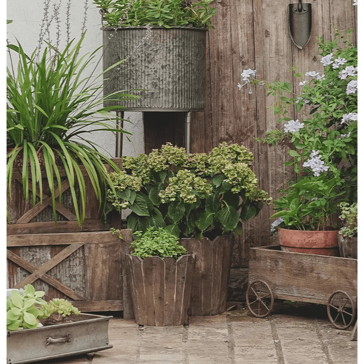Round spliced solid wood planters by RusticReach, weathered brown, shown with rustic pots on Tampa Home & Garden Store