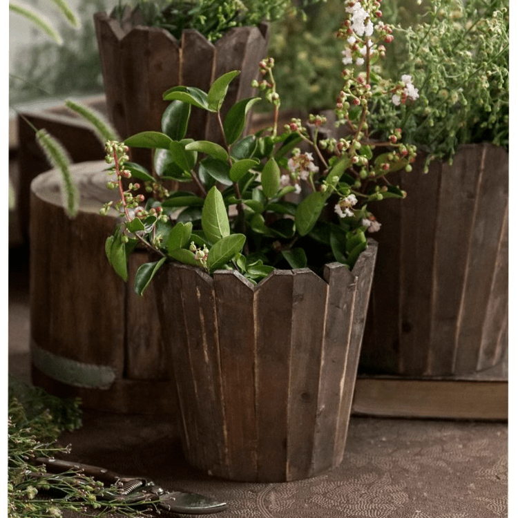 Set of 3 spliced solid wood round planters in dark brown with vertical slats RusticReach on Tampa Home & Garden Store