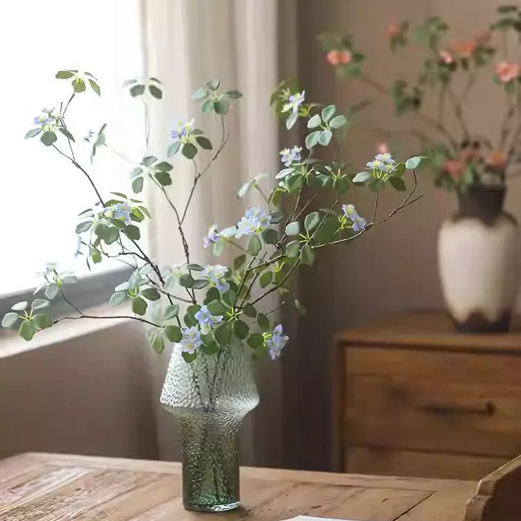 Spring Blossom Stem 33.4in tall artificial plant in green glass vase with blue blooms RusticReach on Tampa Home & Garden Store