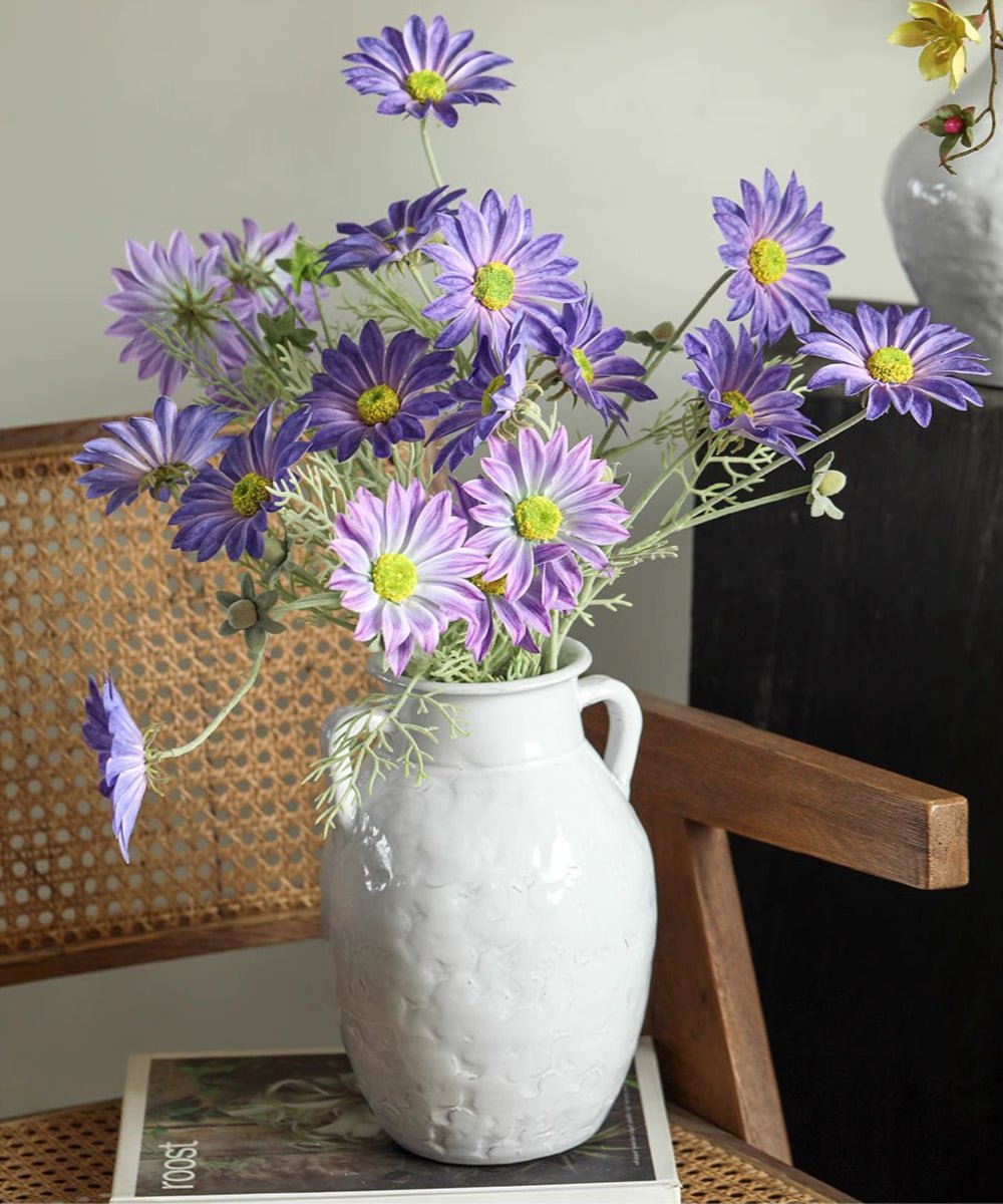 Artificial Summer Chrysanthemum Stem in Purple by RusticReach in a white ceramic pitcher on Tampa Home & Garden Store