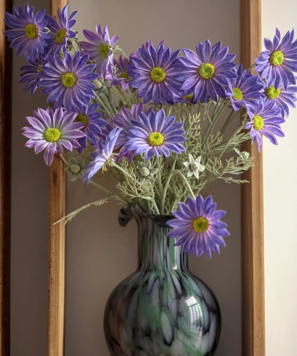 Summer Chrysanthemum Flower Stem in Purple bouquet 23.6in tall in green glass vase RusticReach on Tampa Home & Garden Store
