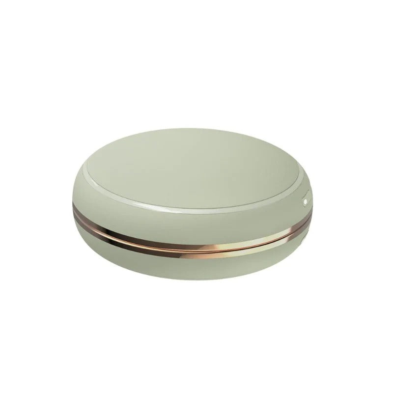 Macaron power bank compact in sage green with rose-gold band for travel & luggage on Tampa Home & Garden Store