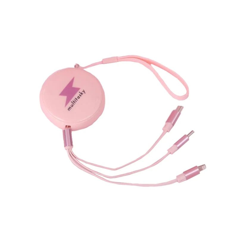 Pink retractable 3-port USB keychain with three cables, travel compact accessory on Tampa Home & Garden Store