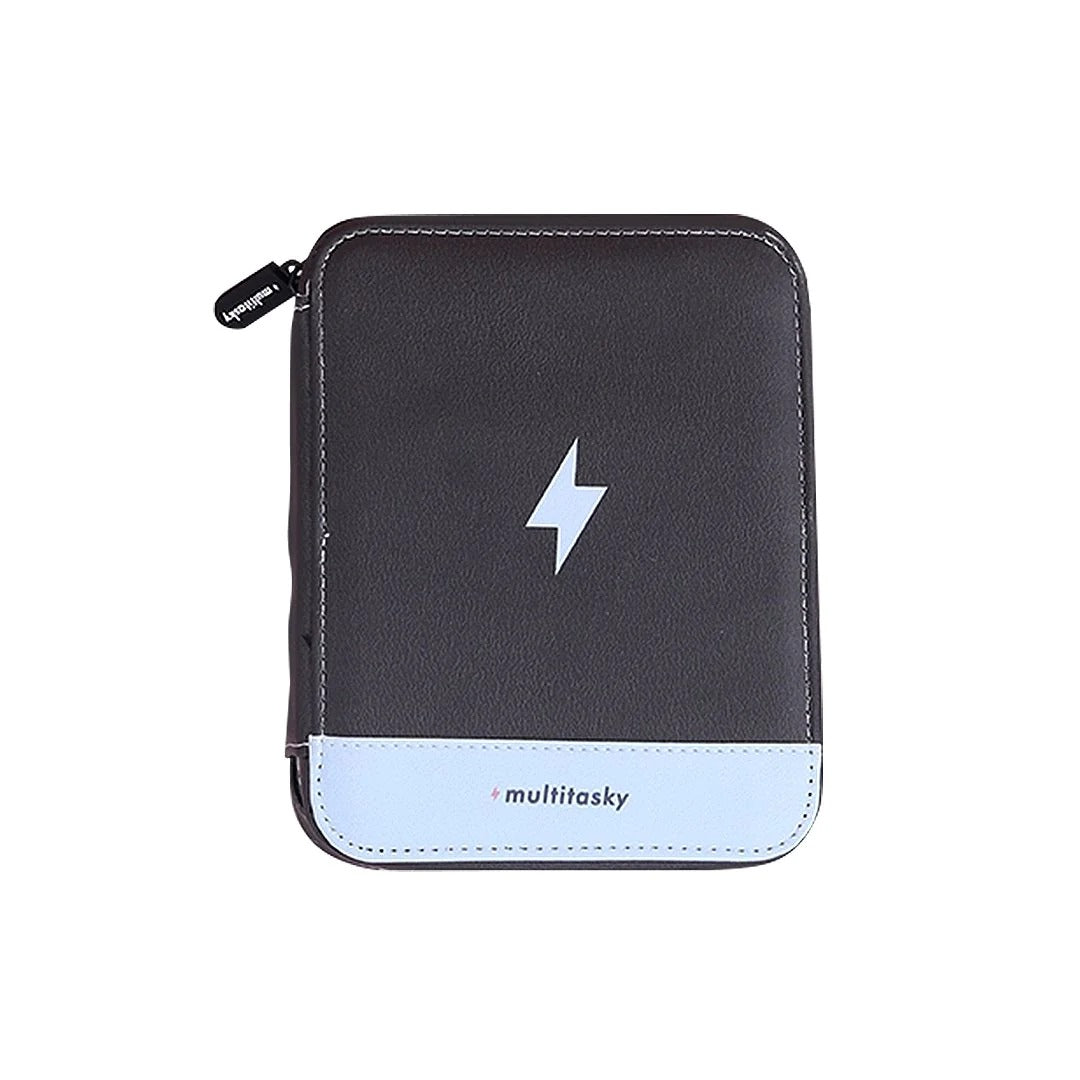 Travel cord organizer pouch in black faux leather with blue panel and multitasky logo on Tampa Home & Garden Store