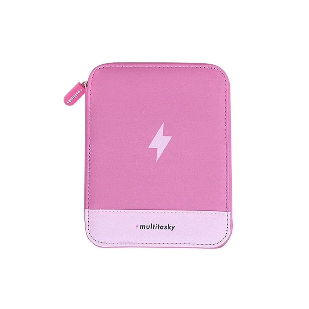 Travel cord organizer pouch in pink with white lightning bolt, multitasky brand, zipper closure on Tampa Home & Garden Store