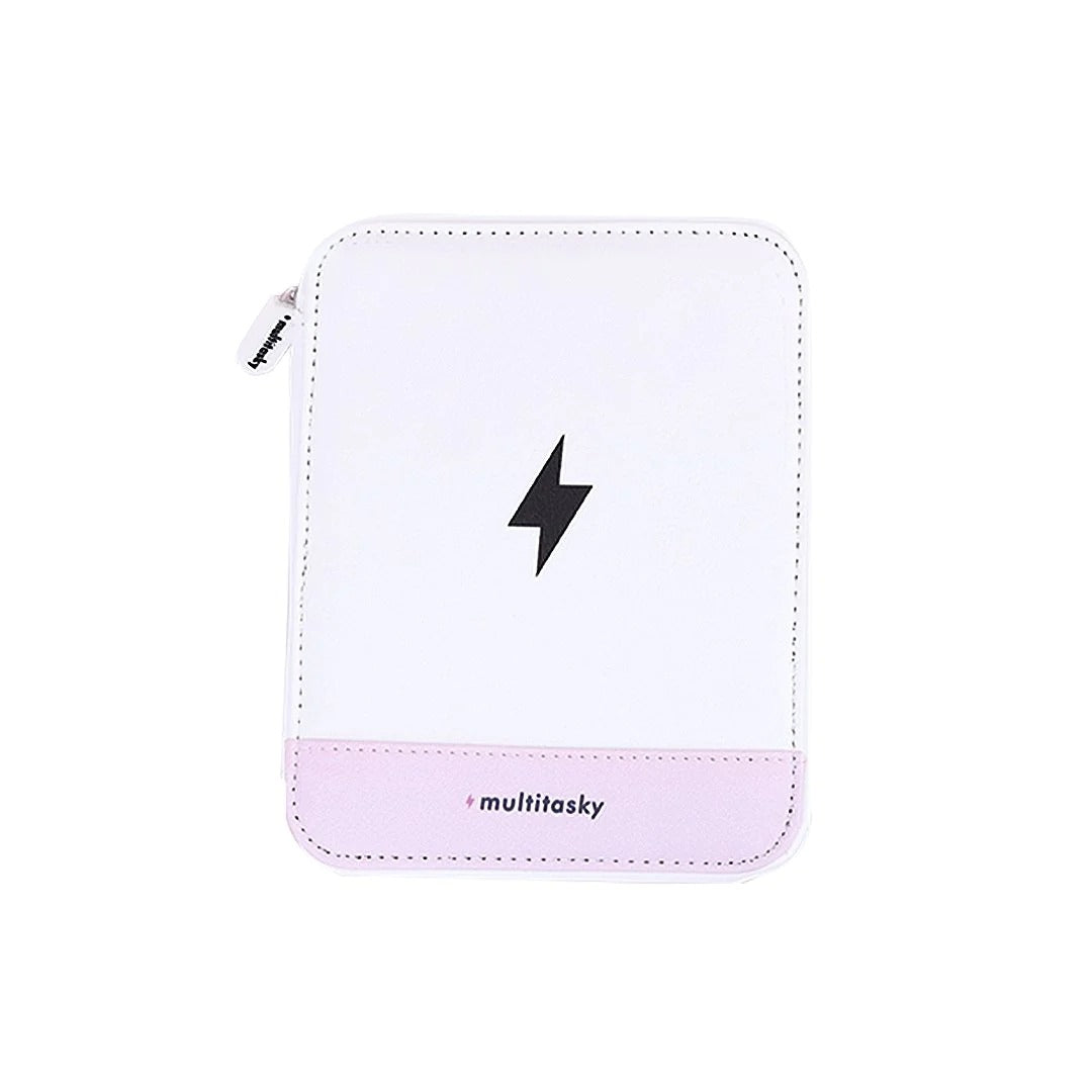 Travel cord organizer pouch white with pink base, zipper, multitasky logo on Tampa Home & Garden Store