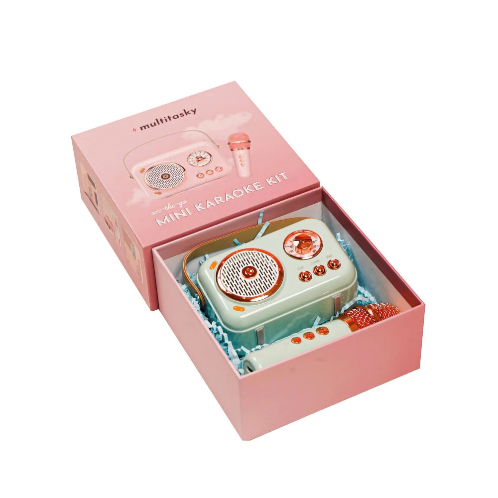 On-the-Go Mini Karaoke Kit in pastel mint with pink mic and orange controls in pink box on Tampa Home & Garden Store