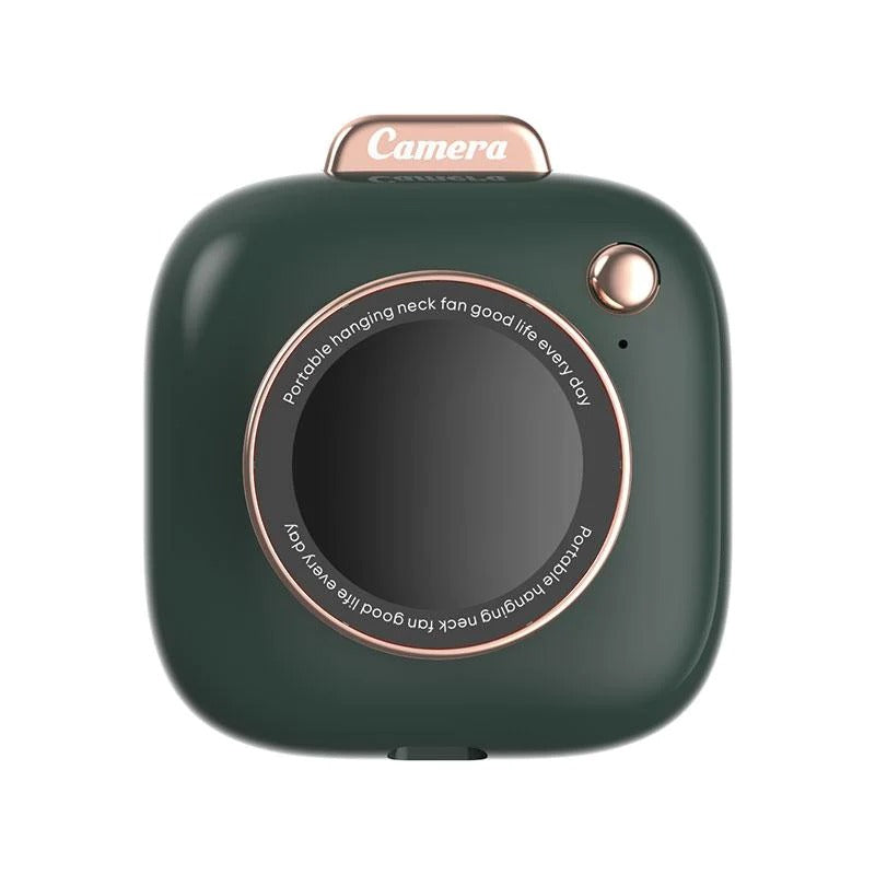 Mini camera-shaped neck fan in dark green with rose-gold trim and lens detail on Tampa Home & Garden Store