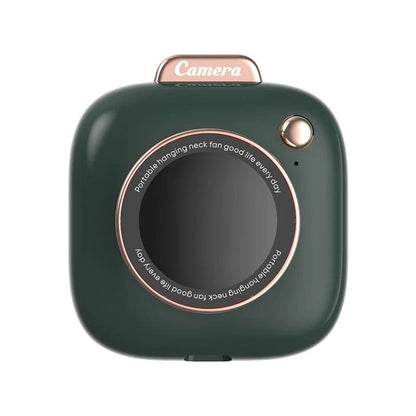Mini camera-shaped neck fan in dark green with rose-gold trim and lens detail on Tampa Home & Garden Store