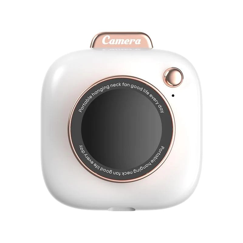 Mini camera-shaped necklace fan in white with rose-gold ring and black lens on Tampa Home & Garden Store