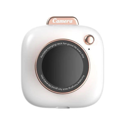 Mini camera-shaped necklace fan in white with rose-gold ring and black lens on Tampa Home & Garden Store
