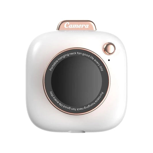 Mini camera-shaped necklace fan in white with rose-gold ring and black lens on Tampa Home & Garden Store