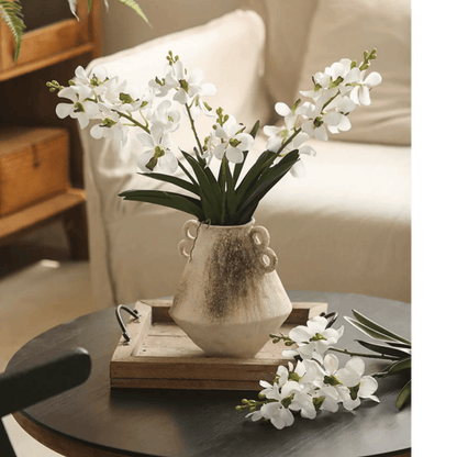 Faux Vanda Orchid Stem 24 tall with white blooms in a rustic vase on a wooden tray by RusticReach on Tampa Home & Garden Store