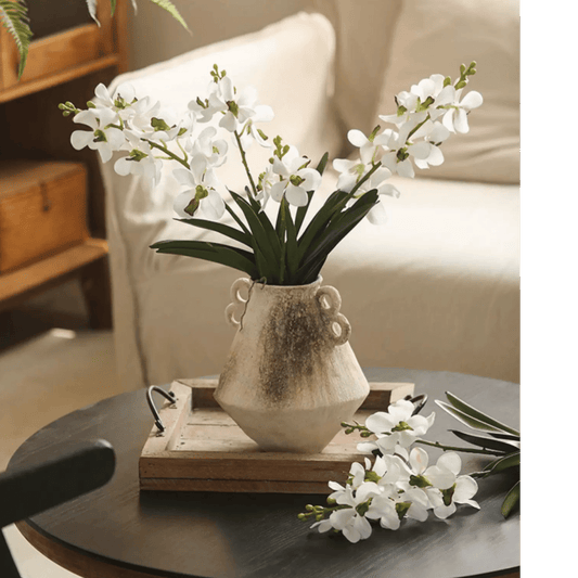 Faux Vanda Orchid Stem 24 tall with white blooms in a rustic vase on a wooden tray by RusticReach on Tampa Home & Garden Store