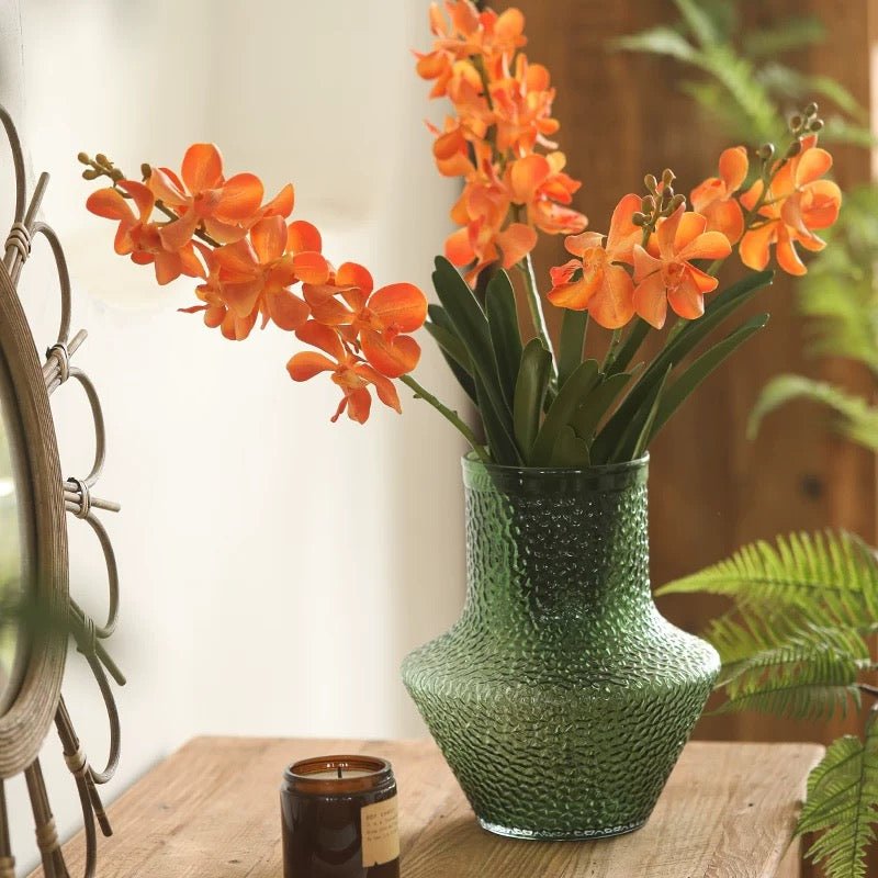 Faux Vanda orchid stems, 24-inch tall, orange blooms in textured green vase RusticReach on Tampa Home & Garden Store