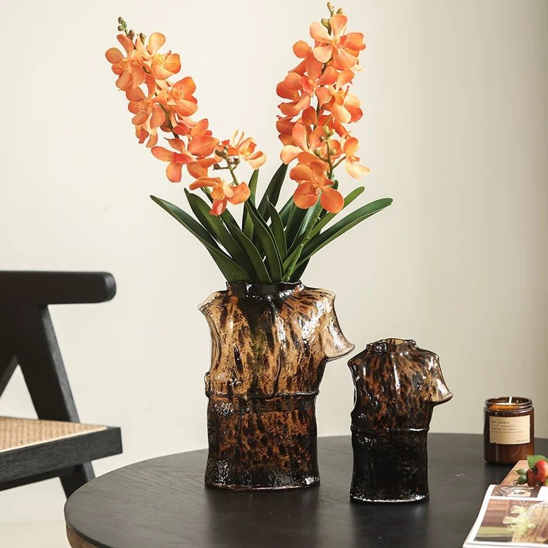 Faux Vanda Orchid Stems 2x, orange 24 inches tall in a brown glazed ceramic vase RusticReach on Tampa Home & Garden Store