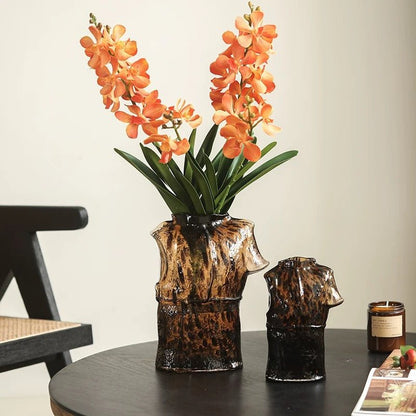Faux Vanda Orchid Stems 2x, orange 24 inches tall in a brown glazed ceramic vase RusticReach on Tampa Home & Garden Store