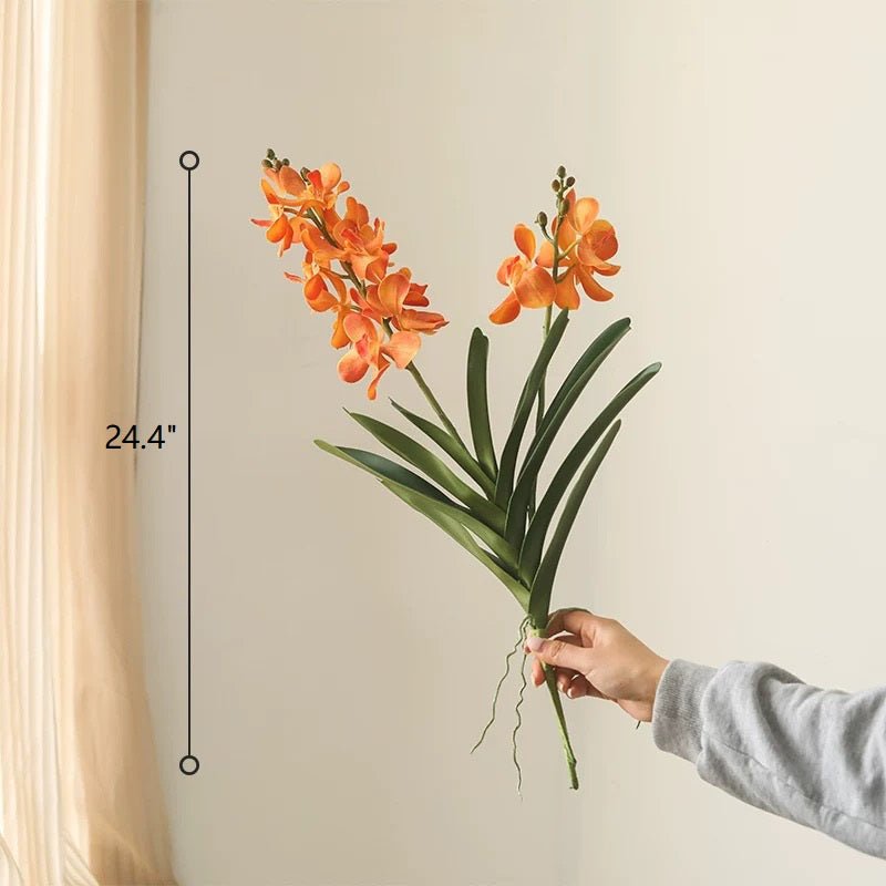 Faux Vanda Orchid Stem by RusticReach, 24.4 inch tall with orange blooms and green leaves on Tampa Home & Garden Store