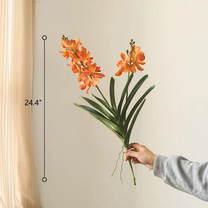 Faux Vanda Orchid Stem by RusticReach, 24.4 inch tall with orange blooms and green leaves on Tampa Home & Garden Store