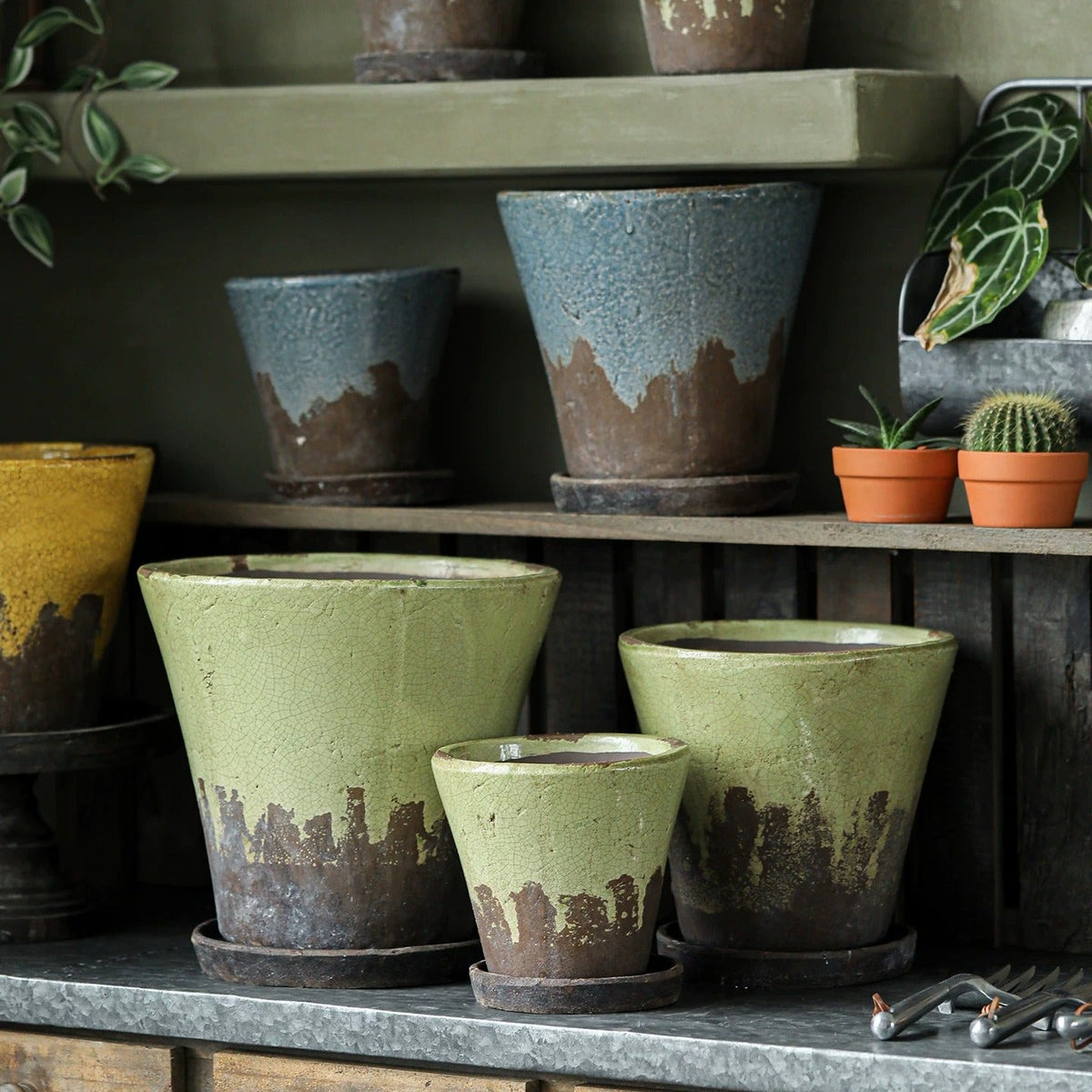 Weathered Heritage Pot with Saucer in green and blue crackled glaze RusticReach planters on Tampa Home & Garden Store