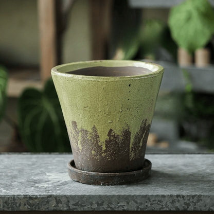 Weathered Heritage Flower Pot with Saucer planter in green crackle glaze by RusticReach on Tampa Home & Garden Store