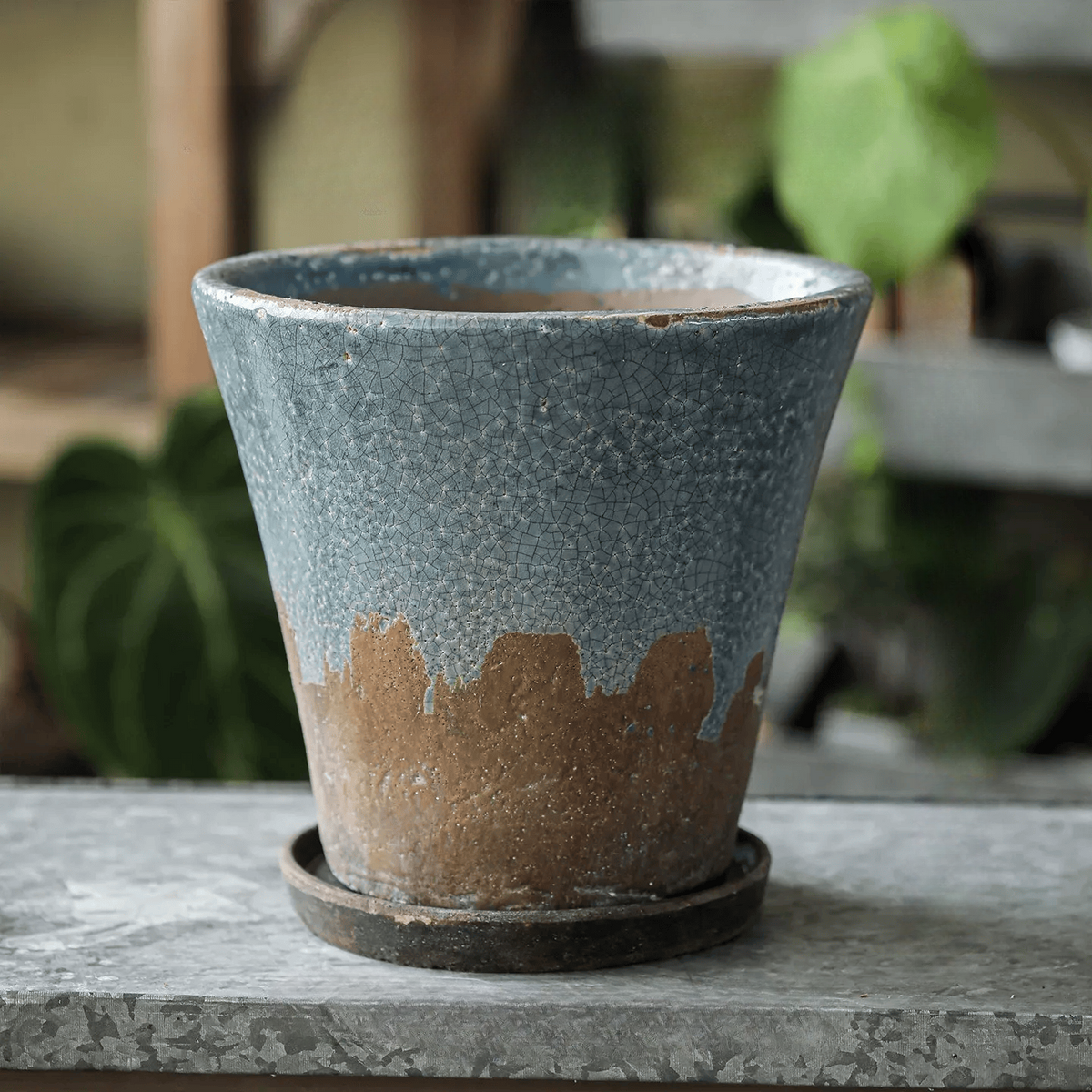 Weathered Heritage Flower Pot with Saucer by RusticReach in blue-gray crackle glaze on Tampa Home & Garden Store