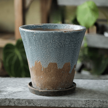 Weathered Heritage Flower Pot with Saucer by RusticReach in blue-gray crackle glaze on Tampa Home & Garden Store
