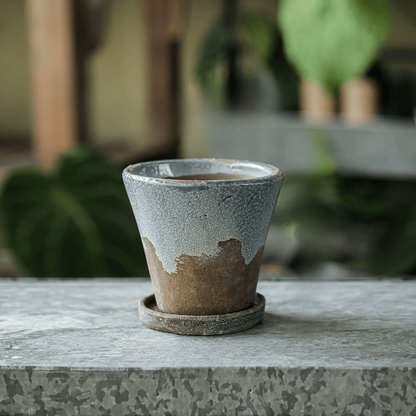 Weathered Heritage Flower Pot with Saucer, gray-blue crackle ceramic finish on Tampa Home & Garden Store