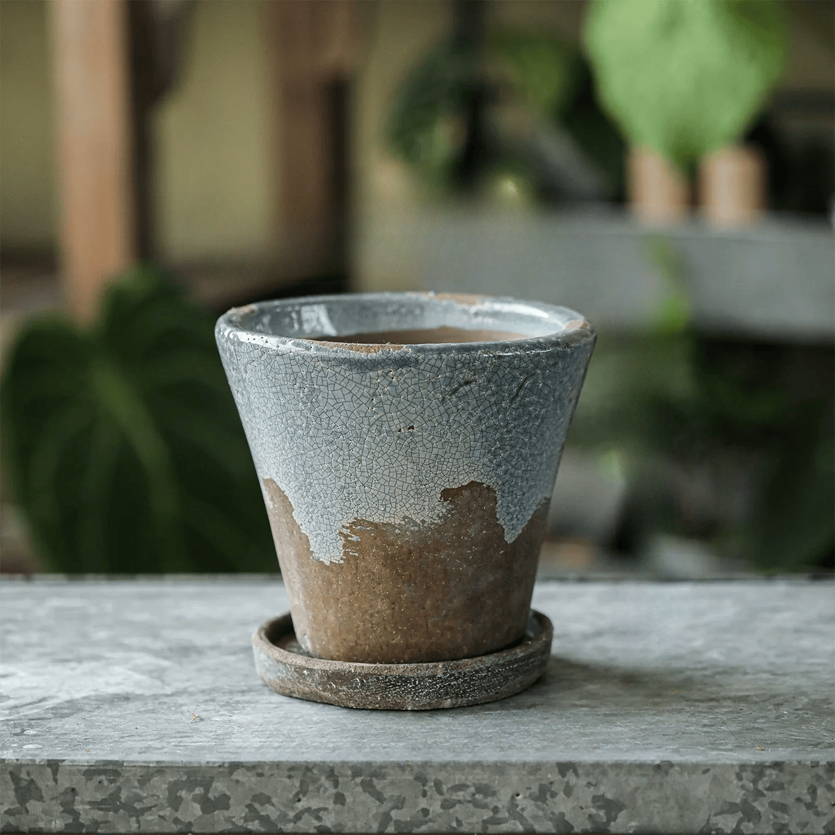 Weathered Heritage Flower Pot with Saucer in gray-blue crackled ceramic with brown base on Tampa Home & Garden Store