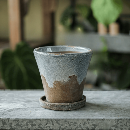 Weathered Heritage Flower Pot with Saucer in gray-blue crackled ceramic with brown base on Tampa Home & Garden Store