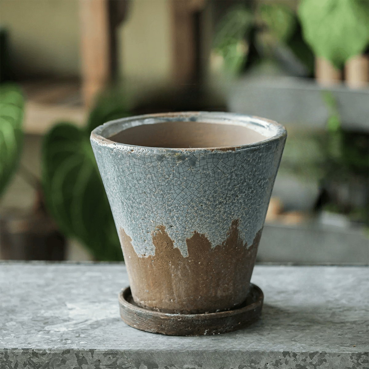 Weathered Heritage Flower Pot with Saucer in blue ceramic glaze by RusticReach on Tampa Home & Garden Store