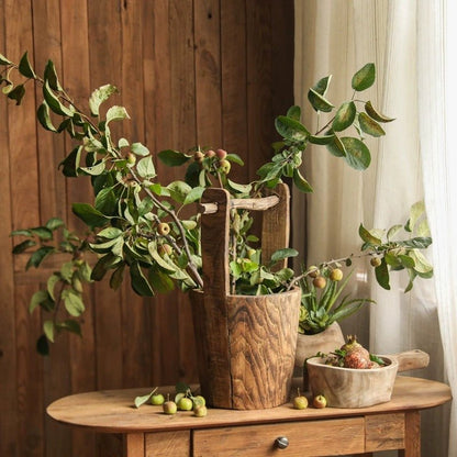Old-fashioned wooden round bucket planter by RusticReach with wood grain and handles on Tampa Home & Garden Store
