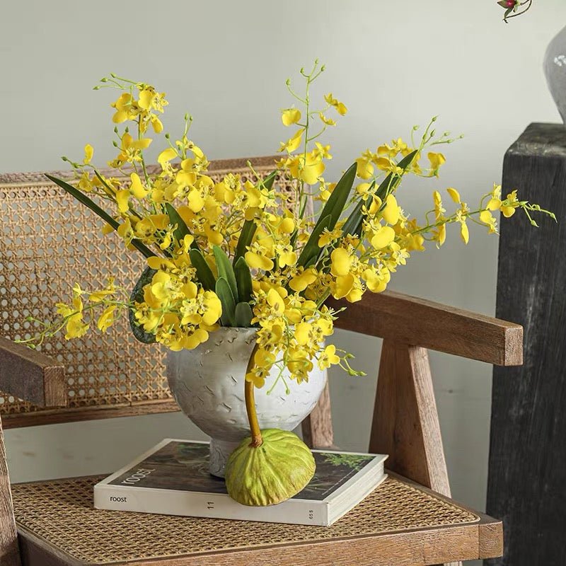 RusticReach Wendy's Dancing Lady Orchid Stem yellow orchids in a gray vase 20.5in tall on Tampa Home & Garden Store