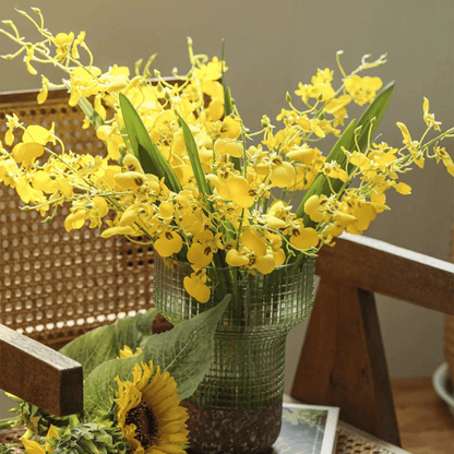 RusticReach Wendy's Dancing Lady Orchid stem 20.5 inch tall with yellow blooms in green vase on Tampa Home & Garden Store