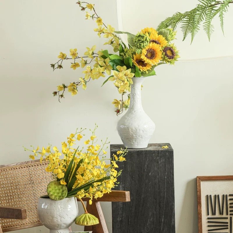 Wendy's Dancing Lady Orchid Stem RusticReach yellow orchids in white vase on pedestal on Tampa Home & Garden Store