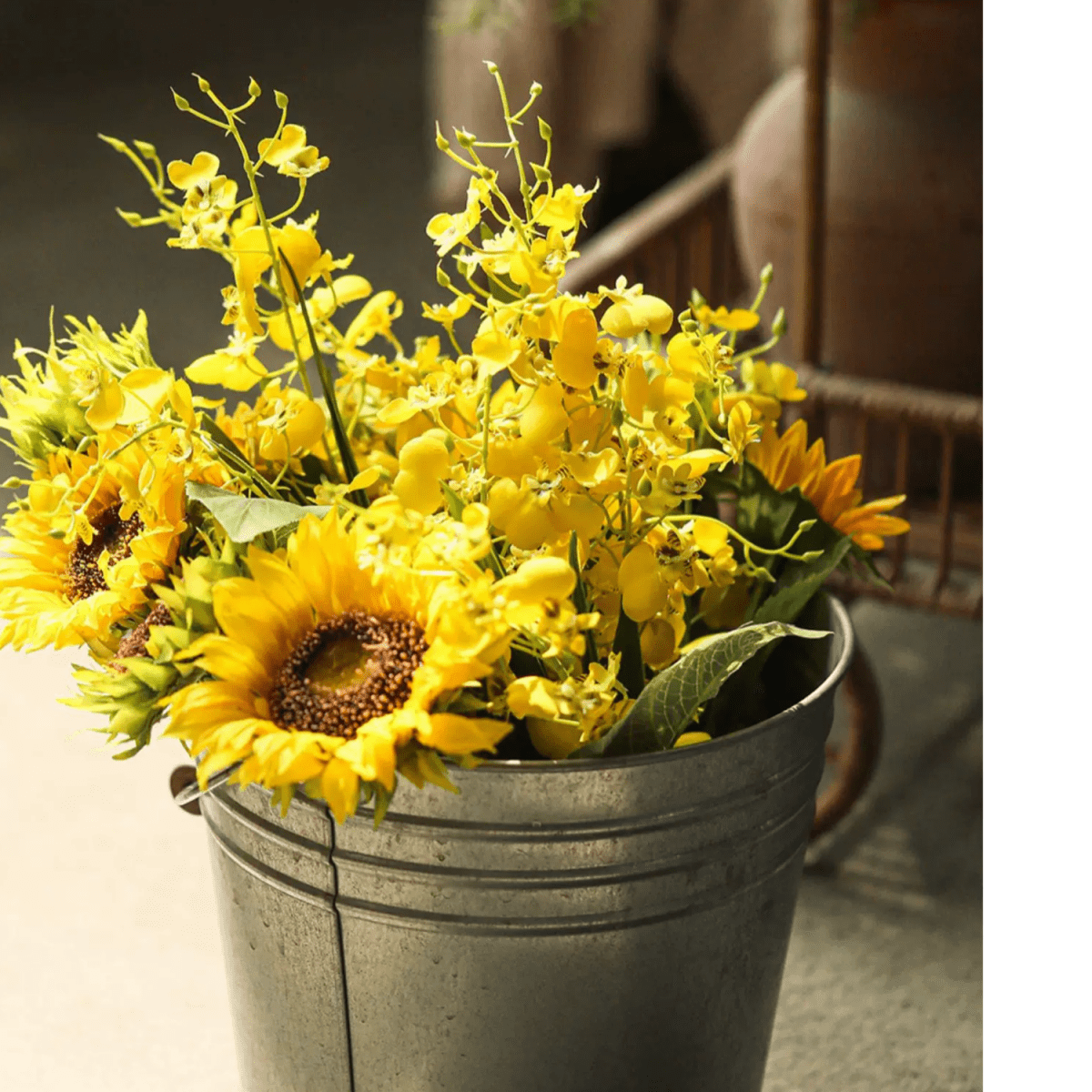 Wendy's Dancing Lady Orchid Stem by RusticReach, 20.5-in tall yellow orchids in a metal bucket on Tampa Home & Garden Store