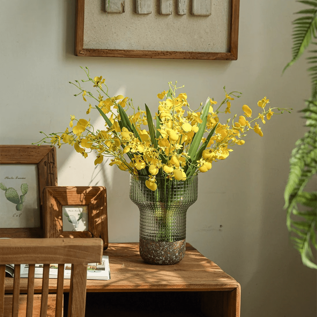 Wendy's Dancing Lady Orchid Stem 20.5in Tall with yellow blooms in grid vase RusticReach on Tampa Home & Garden Store